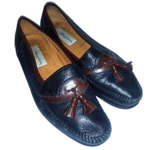 Mezlan Domingo Tassel Loafers Shoes 2-Tone Black Brown Leather Braid 9.5 M